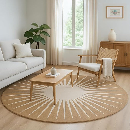 Modern Round Area Rug – Hand-Tufted with 100% NZ Wool, Thick & Soft Circular Carpet for Living Room, Bedroom & Dining Room Decor (Warm Natural, 6' Round)