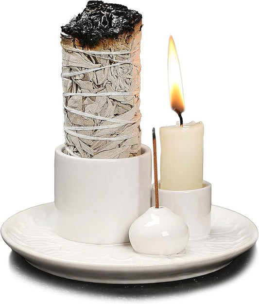 4 in 1 Multifunctional Ceramic Incense and Candle Holder with Ash Catcher Tray Suit for Burning White Sage, Palo Santo Sticks (White)