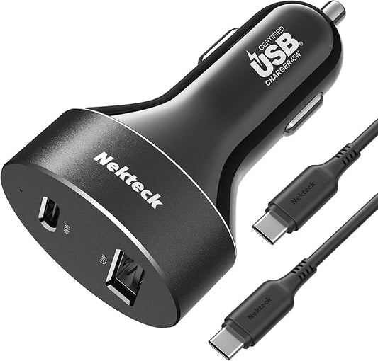 Type C Car Charger, Nekteck USB Adapter with 45W Power Delivery and 12W A Port Compatible with iPhone, iPad, MacBook, Galaxy, Google Pixel, 3.3ft Cable Included, NOT Ideal for Note10+PPS