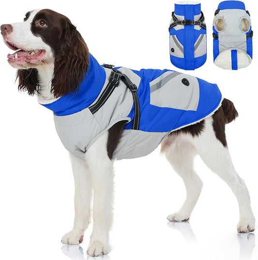 FUAMEY Dog Winter Jackets for Large Dogs,Dog Coat with Harness Built in,Waterproof Dogs Snowsuits Warm Pet Jacket Zip Up Fleece Cold Weather Coats Reflective Puppy Vest with Pocket Blue XL