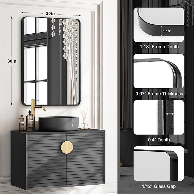 Bathroom Mirrors for Over Sink,1Pcs 20x30Inch Vanity Mirrors for Wall,Black Metal Frame Rectangle Mirrors for Bathroom Farmhouse Restroom,Hangs Horizontally or Vertically