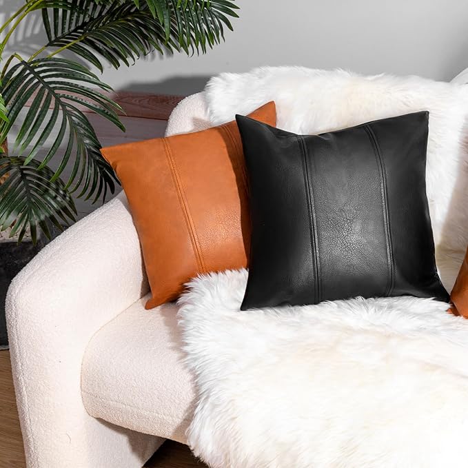 Faux Leather Throw Pillow Covers 20X20 Inch Set of 2 Black Outdoor Modern Farmhouse Solid Decorative Pillow Covers for Room Couch Living Bedroom Bed Sofa