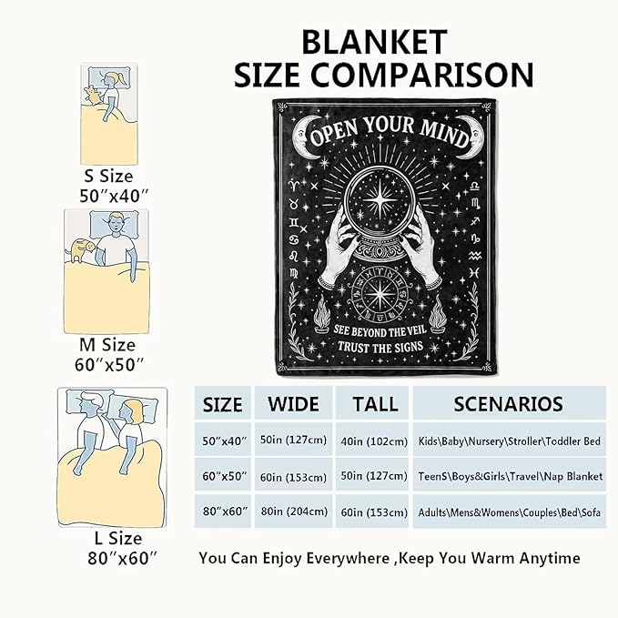 Black White Tarot Zodiac Signs Blanket Halloween Holiday Decor Occult Throw Gifts for Adults Lightweight Soft Fleece Divination Crystal Ball Blankets for Sofa Couch Witchy Decoration 60x80in