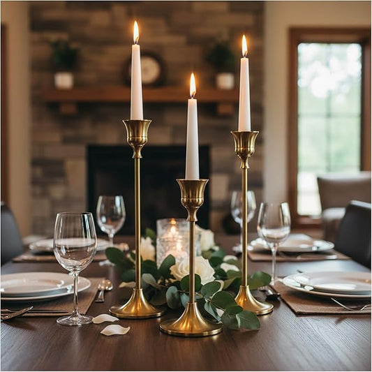 Candle Holder, Modern Minimalist Brass Gold Metal Candlestick Holders, Set of 3 Tall - Elegant Taper Candle Holders for Table Centerpiece, Wedding, Dinner Party Home Decor