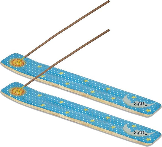 Bless-International Traditional-Handmade-Burner Wooden-Incense-Stick-Holder Ash-Catcher-Stand for-Aromatherapy-Meditation-Yoga (Moon & Stars) 10 Inches, Pack of 2