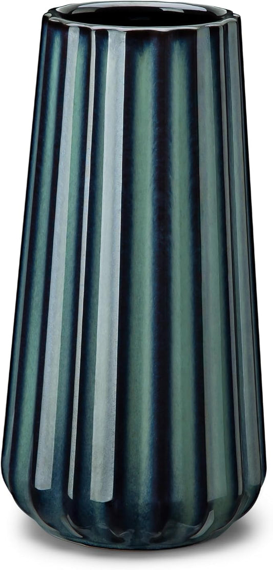 vancasso Ceramic Vase, 7.8 Inch Modern Ribbed Glossy Decorative Vase, Flower vase for Home Decor, Living Room, Bedroom, Office Decor, Green