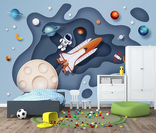 Space Wallpaper for Boys Room Cartoon Planet Astronauts Wall Murals for Kids Room Bedroom（Not Peel and Stick）