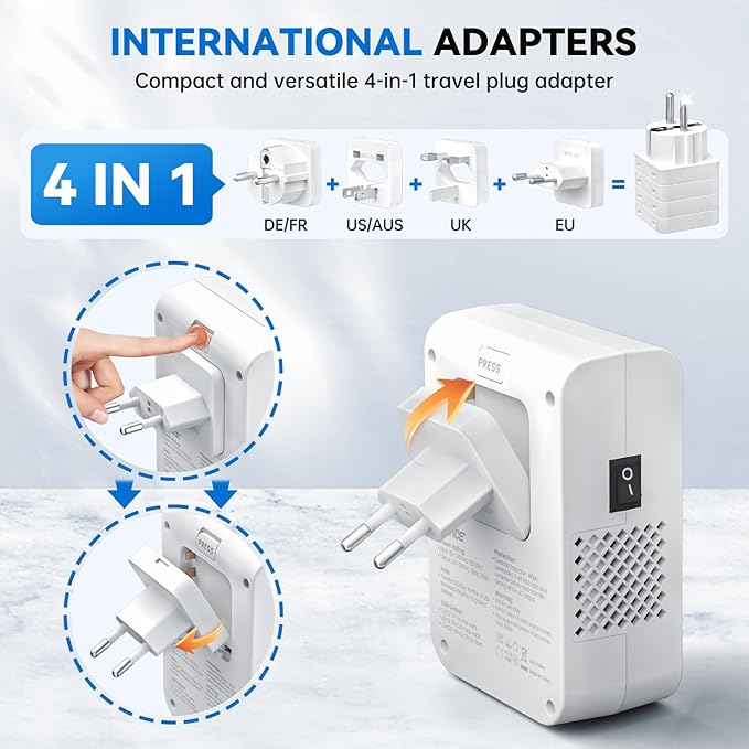 DOACE Voltage Converter US to Europe 350W Convert 220V to 110V for Curling Iron Straightener Shaver, Cordless Converter for European Travel with 2 USB A & 2 USB C Ports Charging
