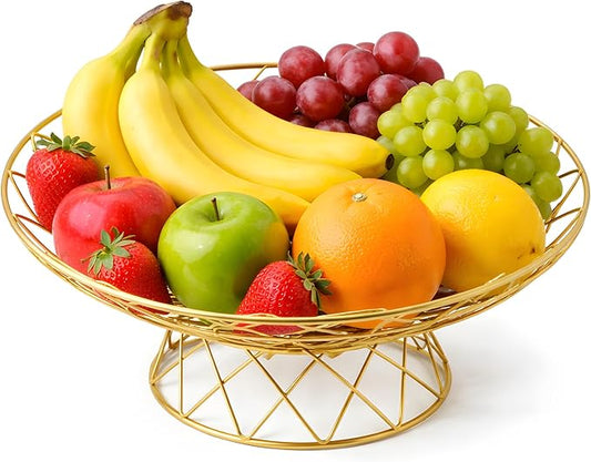 Large Metal Wire Fruit Bowl, Round Mesh Fruit Basket for Kitchen Countertop, Modern Decorative Bread Vegetable Storage Holder Organizer(Gold)
