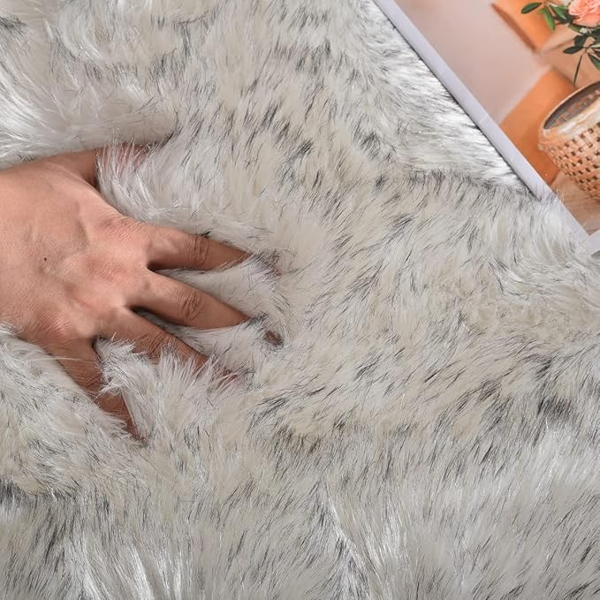 White and Grey Area Rugs 9x12 Living Room Large Washable Faux Fur Rugs for Bedroom Nursery Shaggy Sheepskin Fur Rectangle Rug