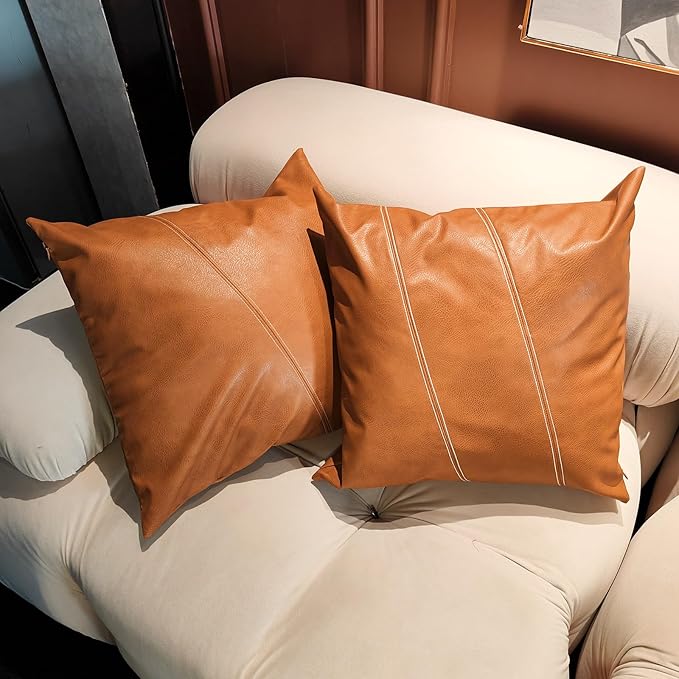 Faux Leather Throw Pillow Covers 20X20 Inch Set of 2 Milan Brown Outdoor Modern Farmhouse Solid Decorative Pillow Covers for Room Couch Living Bedroom Bed Sofa