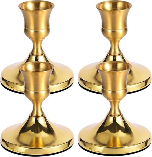 4 Pcs Brass Gold Taper Candle Holders, Vintage Metal Candlestick Holders Set for Dining Table, Wedding & Party Centerpiece Decor, Fits Standard Taper Candles, Mantel & Home Decorations