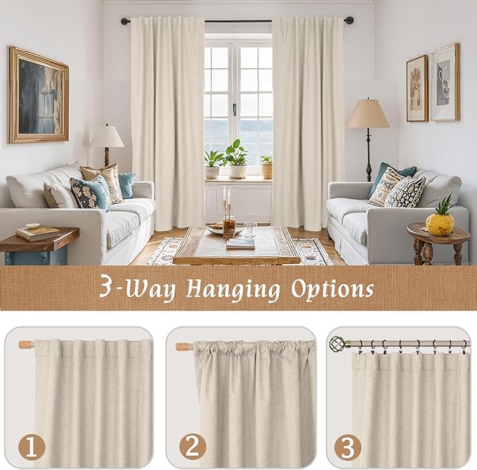 LAMIT 100% Blackout Linen Curtains for Bedoom, 68 Inches Linen Textured Thermal Drapes Back Tab and Rod Pocket Neutral Panels with White Liner for Living Room, 2 Panels, 52 x 68 Inch, Oatmeal