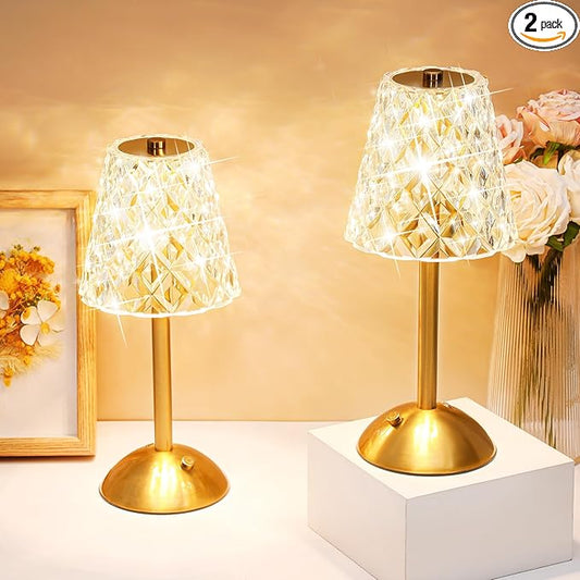 Liliful 2 Pcs Cordless Table Lamp Rechargeable Touch LED Small Gold Portable Battery Operated USB-c Desk Lamp 3 Color Dimmable for Bedroom Living Room Dining (Gold,Diamond Style)