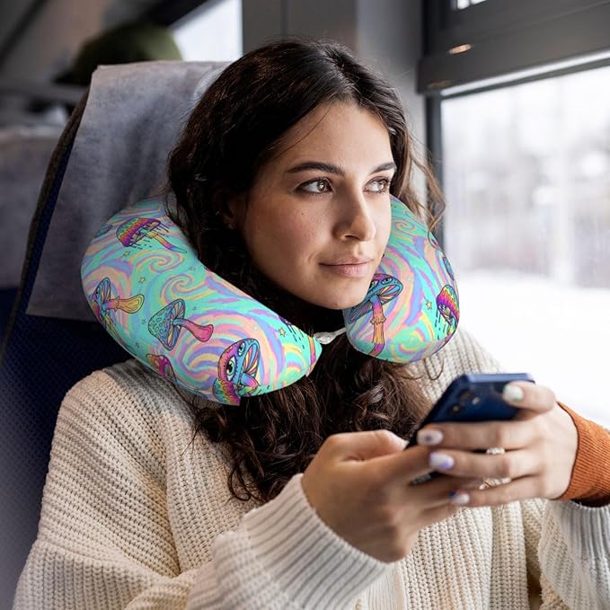 Support Neck Pillow for Youth Travel, Washable Airplane Chin Supporting and Relax U Shaped Pillows Colorful Trippy Mushroom Art