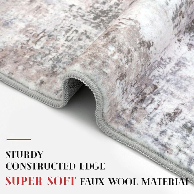 Modern Abstract Hallway Runner Rug, Beige Grey 3x8 Runner Rug, Washable Kitchen Runner Non-Slip Soft Thin Print Faux Wool Carpet for Entryway Bedroom Laundry Room Indoor