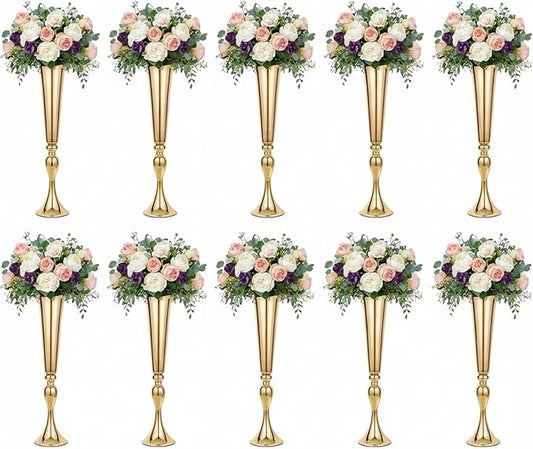 LoveCat 10pcs of Versatile Metal Tabletop Flower Stands, Gold Wedding Table Centerpiece Stands, 21.9" Tall Trumpet Vases for Wedding Birthday Holiday Party Important Event Home Décor