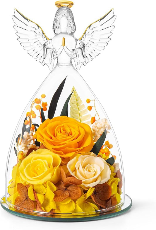 Valentines Day Roses Gifts for Women,Preserved Real Flowers Roses in Glass Angel Figurines,Valentines Day Gifts for Women Mom Wife Girlfriend./Yellow