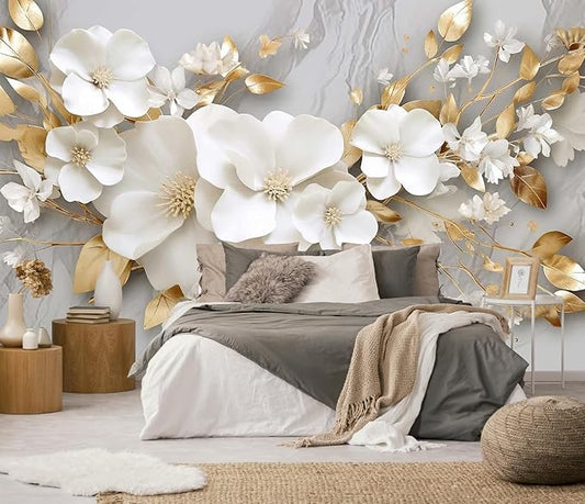 3D Wallpaper Illustration Beige Background Large White Abstract Gold Leaf Flower for Living Room Bedroom Backdrop Decoration（Non-self-Adhesive）