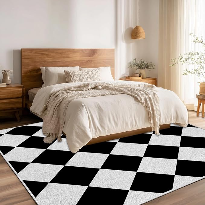 Checkered Rug, Black White Rug, Washable Rugs 3x5, Geometric Rhombus Plaid Area Rugs, Grid Gingham Carpet for Living Room Non Slip Home Decor