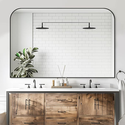 Bathroom Mirror, Wall Mirrors, Black Metal Framed Wall-Mounted Mirrors, Bathroom Vanity Mirror for Over Sink, Living Room, Bedroom, Entryway, 55x36 Inch, Black