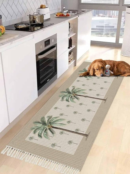 Tropical Palm Tree Hallway Runner Rug 2X6 Ft Kitchen Carpet, Washable Woven Brown Summer Beach Plant Throw Carpet with Tassel, Non-Shedding Farmhouse Retro Green Botanical Bedroom Laundry Rugs