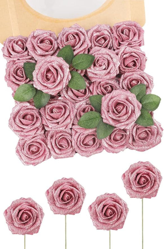 N&T NIETING Artificial Flowers Glowing Dark Pink Flowers Foam 25pcs Glitter Roses Real Looking Fake Roses with Stem for Valentine's Day DIY Wedding Bouquets Centerpieces Party Home Decorations