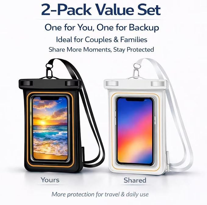 2-Pack IPX8 Floating Waterproof Phone Pouch, Dry Bag with Lanyard, Fits up to 7.2”, Compatible with iPhone 16/15/14/13 Pro Max, Galaxy S25/S24 Ultra, Pixel for Snorkeling, Kayaking (White-White)