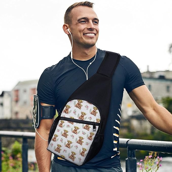 SWEET TANG Sling Bag for Men Women, Comfortable Crossbody Backpack, Highland Cow Sunflower Farm Animal, Anti Theft Sling Shoulder Chest Bag Daypack, Fashion Travel Gym Sack Rucksack