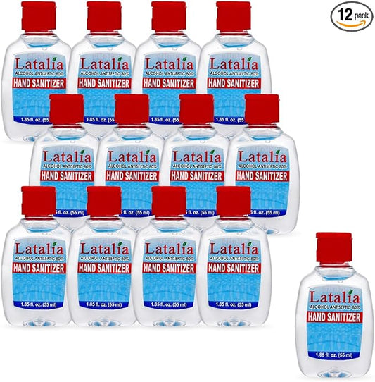 Latalia Mini Hand Sanitizer Travel Size Pack of 12 | 1.85 fl oz with 80% Alcohol Small Hand Sanitizer Bulk For Non-Sticky, Unscented, Gentle & Fresh Hands Anytime