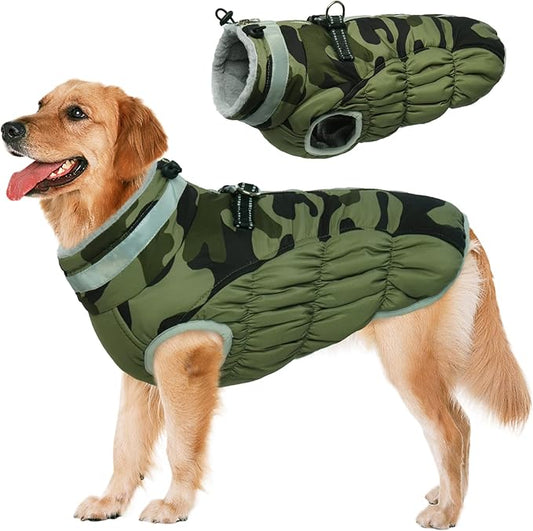 Lelepet Dog Coat Warm Dog Winter Coat Waterproof Dogs Jacket with Harness Built in Reflective Pet Fleece Vest Zip-Up Cold Weather Coats for Large Dogs Turtleneck Windproof Coats Pitbull Green Camo 2XL