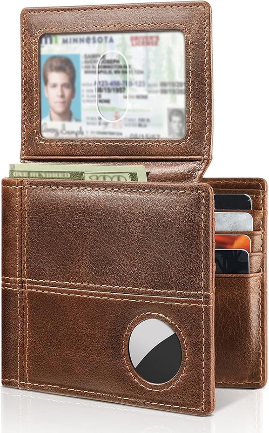 Mens Wallet With AirTag Holder, Bifold Leather RFID Blocking 1-2 ID Windows 12-13 Card Holders, Gift Box and Screen Protector Included, AirTag Not Included