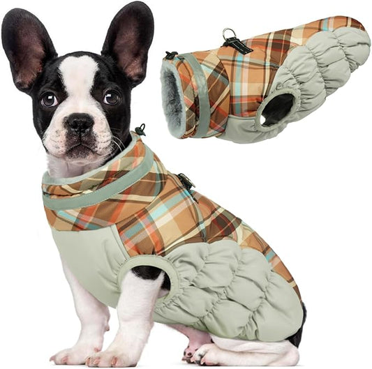 Lelepet Warm Dog Winter Coat Dog Coats for Medium Dogs Waterproof Dogs Jacket with Harness Built in Reflective Cold Weather Coats Windproof Zip-Up Winter Fleece Vest Snowsuit Dachshund Brown Plaid