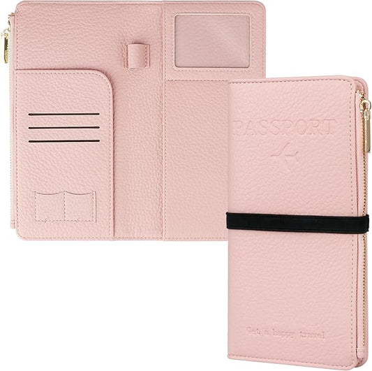 Travel Passport Wallet, RFID Blocking Passport Holder with Zipper, Passport Cover for Women Men, PU Leather Travel Document Organizer with Card Slots, Gift for Family Friends, Pink