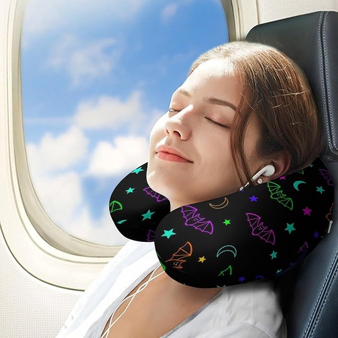 Pain Relief Travel Neck Pillow Halloween Gothic Moon Star Cute Neon Bat, Memory Foam U Shaped Support, Breathable Zip Cover for Airplane Car Office Men Women