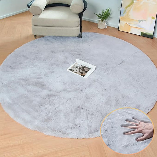 Washable Furry 5ft Round Area Rugs for Living Room Bedroom Light Grey Circle Faux Rabbit Shaggy Fur Rug Teen Room Décor