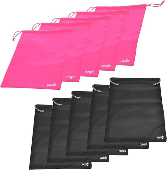 Cosmos 10 Pcs Travel Shoe Bags Shoe Organizer Pouch Storage String Bags for Travel Trip Carrying Packing, Dust-proof Non-Woven Fabric in Dual Drawstring Closure, Two Sizes (Black and Hot Pink)