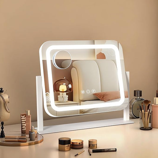 Vanity Mirror with Lights 14"×12", Led Makeup Mirror, Lighted Makeup Mirror with 3 Color Dimmable Lights, Smart Touch Screen Control, 360°Rotation