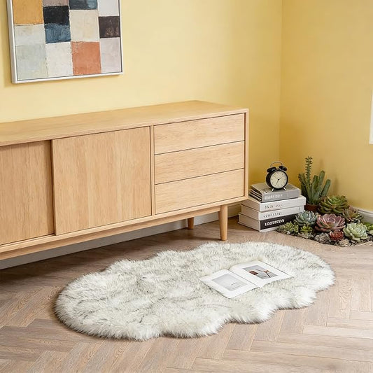 Faux Fur Sheepskin Area Rug for Living Room Bedroom, White with Grey Tips, 2 x 4 Feet Ultra Soft Shaggy Fuzzy Furry Carpet Chair Throw Rugs for Kids, Girls, Nursery Room Decor Dorms