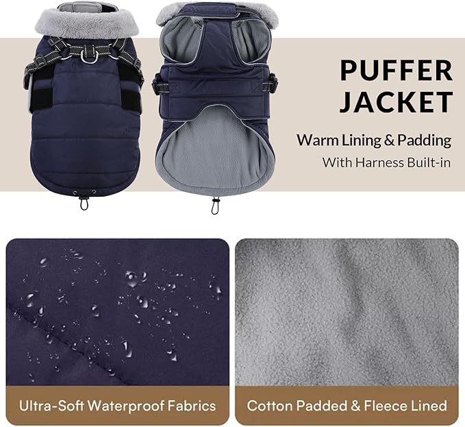 Queenmore Winter Dog Jackets for Large Dogs XXL, Waterproof Winter Coat for Extra Large Pitbull Danes, Warm Puffer Snow Jacket for Cold Weather - Fleece Lining Hook & Loop Closure Reflective, Navy