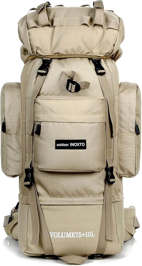 IX INOXTO 85L Lightweight Internal Frame Hiking Backpack for Men Women, Waterproof Travel Camping Backpack with Rain Cover (Khaki)