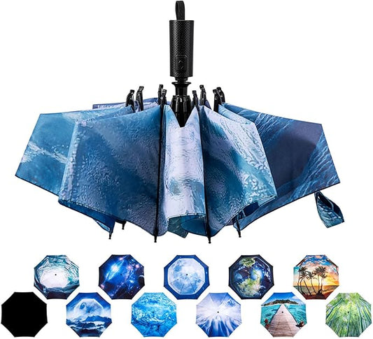 LANBRELLA Compact Reverse Folding Umbrella Auto Windproof Travel Umbrella