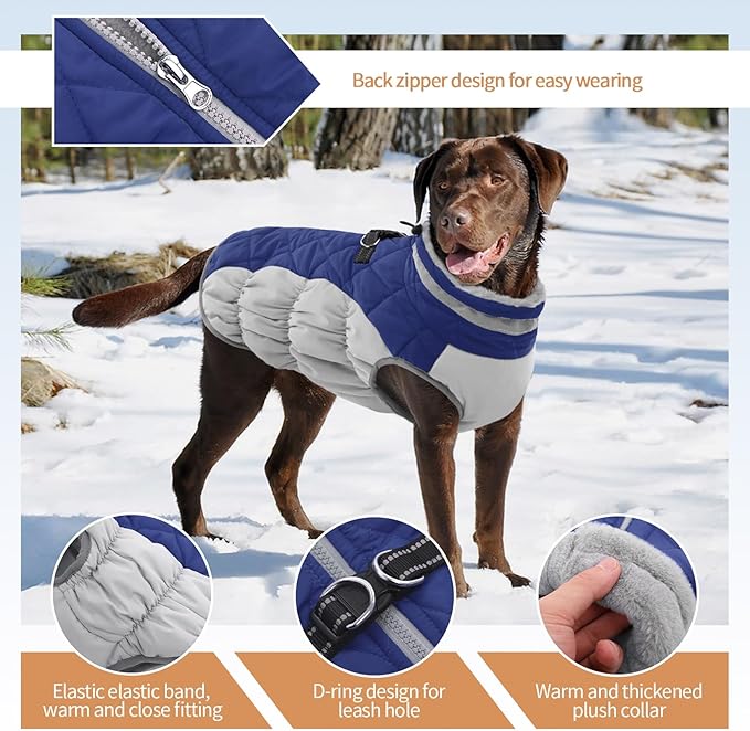 OUOBOB Winter Dog Coat,Large Dog Jacket,Waterproof Pet Jacket with Back Zipper,Pet Coat with Harness Built in,Warm Dogs Coat with Fleece Lined, Snow Jacket Clothes French Bulldog Shiba Inu,Blue,L