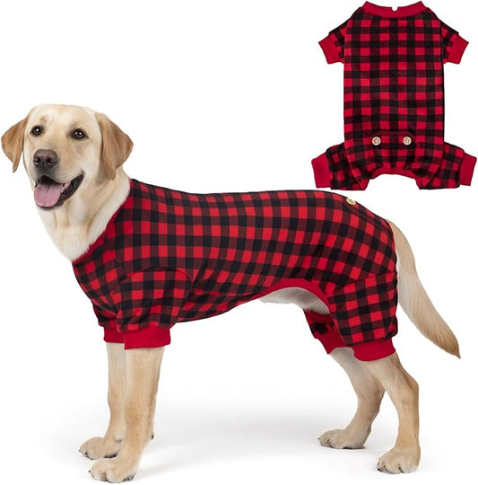 KYEESE Dog Pajamas Velvet Dog Pajamas for Large Dogs Comfy Pet Costume Stretchy Pet Jammies Soft Dogs Clothes Red Buffalo Check Pet Pjs Velvet Pets Onesie Warm Pets Outfit，XXXL