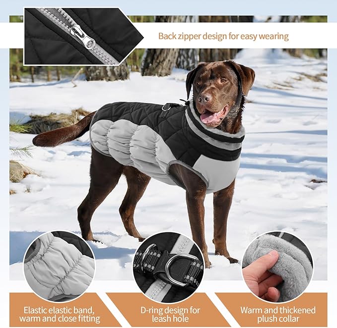OUOBOB Dog Jackets for Medium Dogs,Medium Dog Coat,Warm Pet Winter Coat Zip Up Back,Waterproof Dogs Jacket with D-Ring,Pet Cold Weather Coats with Fleece Lined, Snowsuit Pug Boston Terrier,Black,M