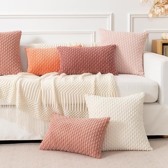 Kevin Textile Valentines Day Throw Pillow Covers Soft Corduroy Decorative Set of 2 Boho Striped Pillow Covers Pillowcases Farmhouse Home Decor for Couch Bed Sofa Living Room 22x22 Inch Blush Pink