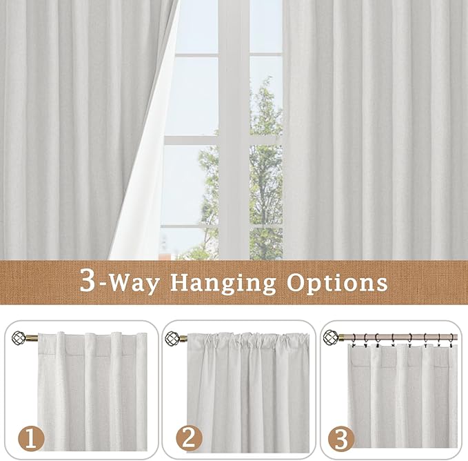LAMIT Light Grey 100% Blackout Linen Curtains, 63 Inches Linen Textured Thermal Bedroom Curtains Back Tab and Rod Pocket Neutral Panels with White Liner for Farmhouse, 2 Panels, 38 x 63 Inch