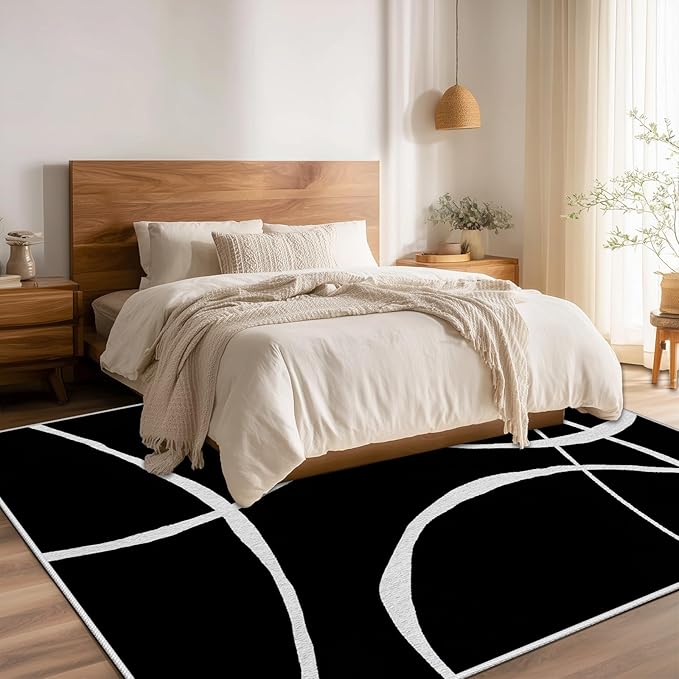 Black and White Rugs, Abstract Rug, Modern Minimalist Rug, Curved Line Design Carpet, Black and White Abstract Rugs Washable Non Slip Home Decor 7x9