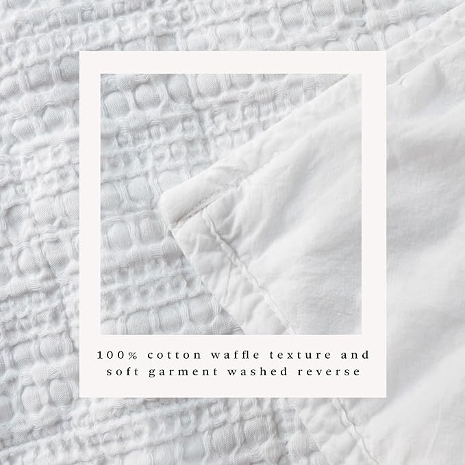 Great Bay Home Full/Queen Size White 100% Cotton Honeycomb Waffle Quilt and Sham Set - Garment Washed, Waffle Weave Like Texture, Lightweight 3-Piece Bedding Set