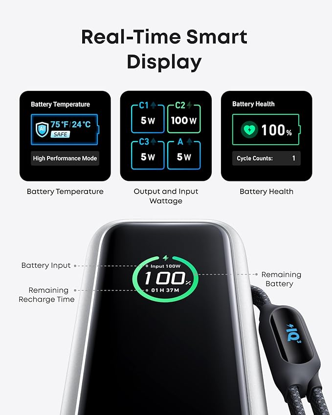 Anker Laptop Power Bank, 25,000mAh Portable Charger with Triple 100W USB-C Ports, Built-in Retractable Cables, Flight-Approved for Travel, iPhone 17/16 Series, MacBook, Samsung, and More